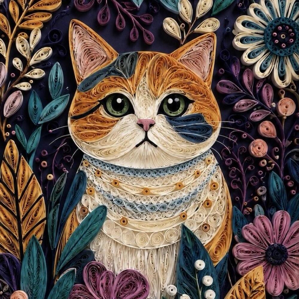 5x7 Black Framed Quilled Orange Tabby Cat Wall Art | Colorful Floral Cat Print |